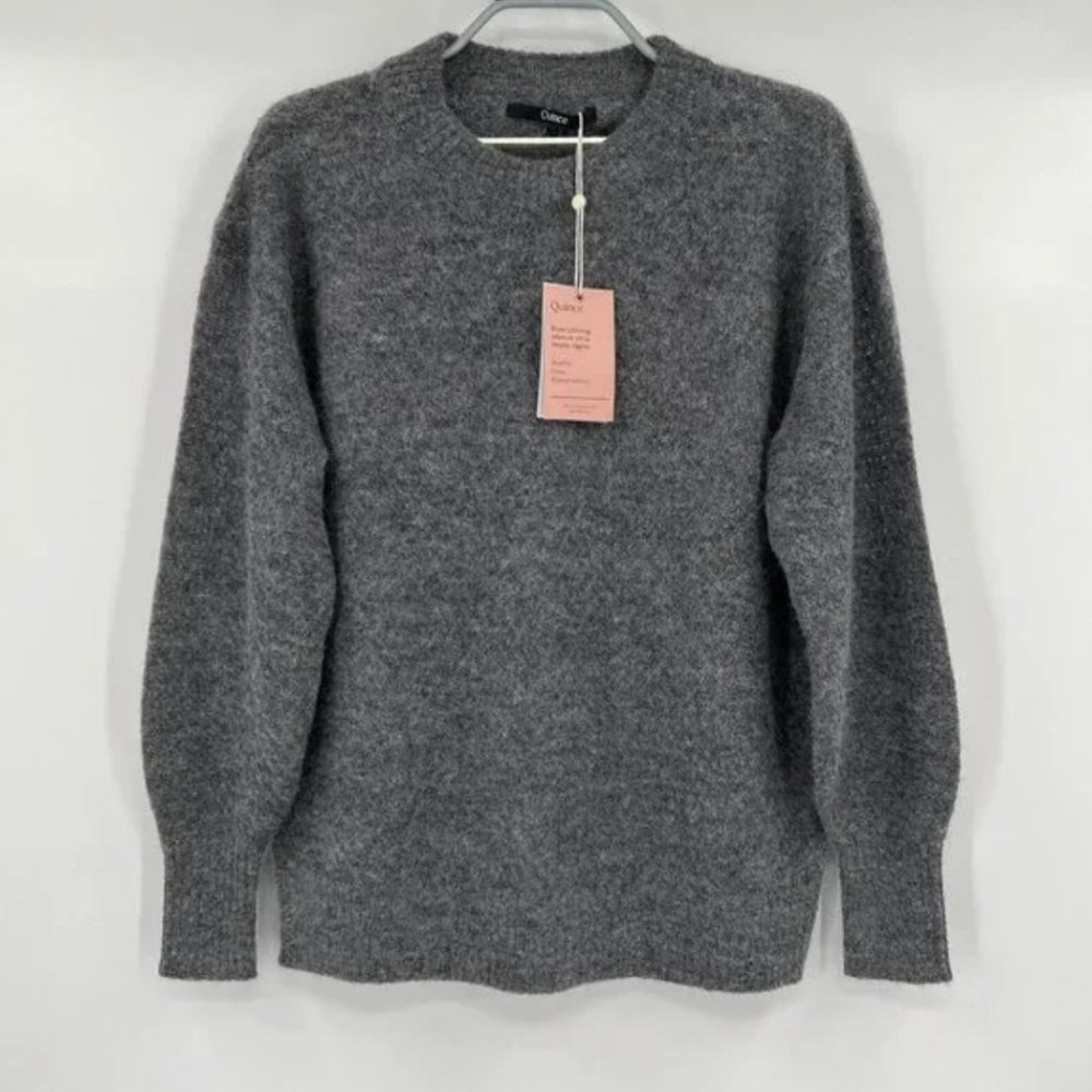 Quince Women's Charcoal Baby Alpaca-Merino Wool Diamond Stitch Crew Sweater M